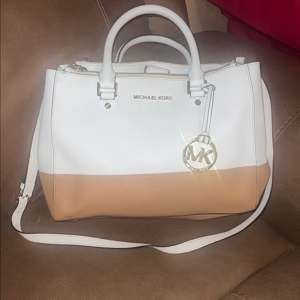 Michael Kors White and Tan Leather Satchel with Gold Hardware